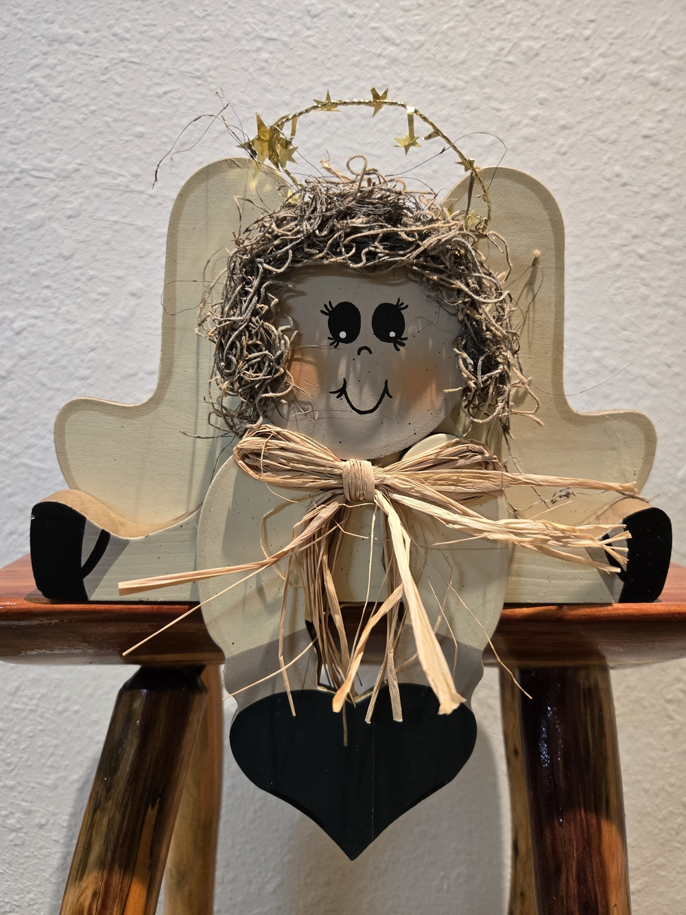 Vintage 90s Wooden Angel Shelf Sitter Heart Christmas New Folk Art Style